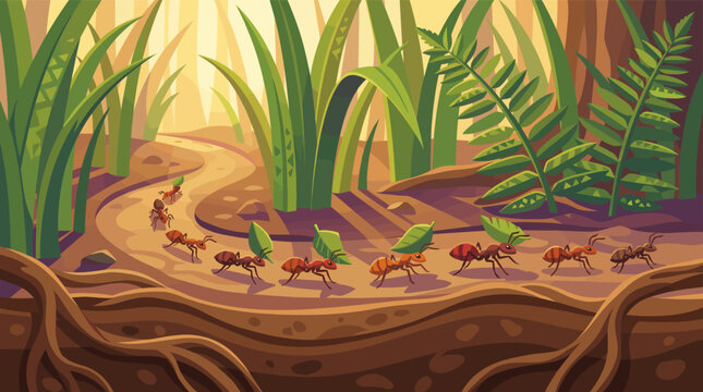 A detailed vector illustration of an ant colony marching in a line, carrying leaves through a sunny forest. A concept for teamwork, diligence, and collaboration.