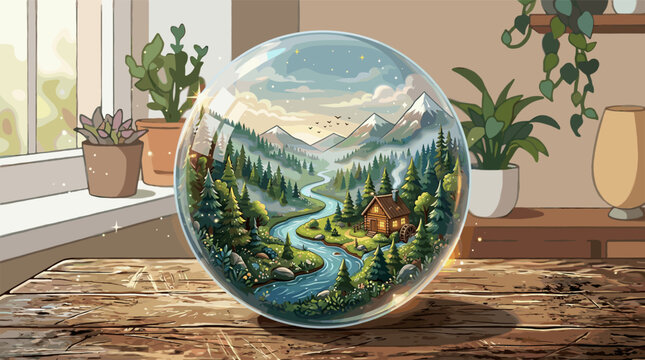 A magical glass ball holds a mountain valley with a cabin and river. Sits on a wooden table, suggesting imagination, escapism, and the wonder of nature. Whimsical illustration.