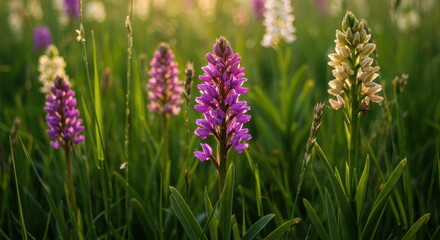 Fototapeta premium Close-up of vibrant colorful orchid blooms nestled in a lush wild flower field receiving bright summer sunlight, magenta, sunbeam, vivid