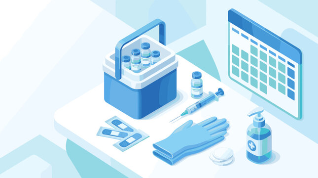 Isometric illustration of vaccination supplies. Includes vaccine vials, syringe, cooler, calendar, and gloves. Ideal for healthcare, immunization campaigns, and medical concepts.