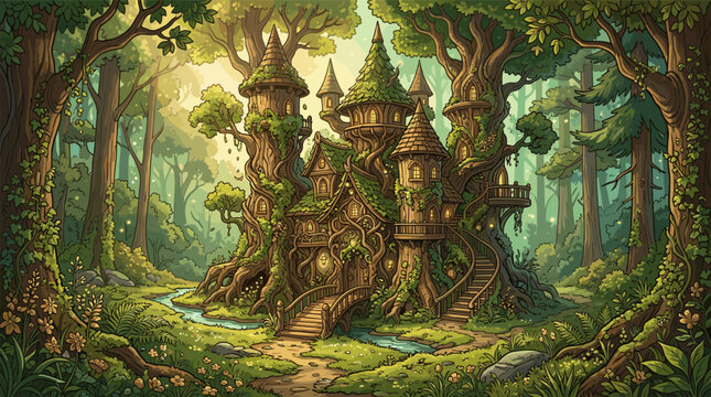 A detailed illustration of a magical treehouse castle in a sunlit, enchanted forest. A whimsical and peaceful fantasy scene for book covers, games, or imaginative projects.