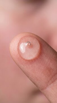 Macro shot of clear cosmetic gel drop with bubble on human fingertip. Represents purity, hydration, and gentle skincare for sensitive skin. Use for beauty blogs or product marketing.