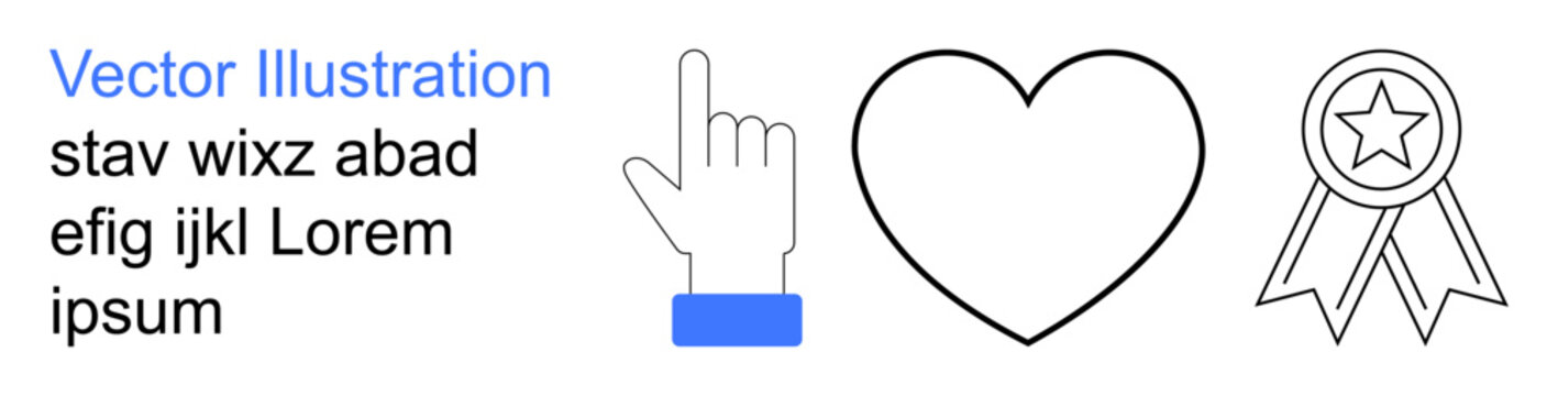 Technology, navigation, achievements, favorites, recognition, social interaction. Hand gesture pointing upward, a heart and an award ribbon. Navigation and achievements concept