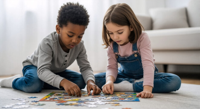 Diverse children playing with a jigsaw puzzle on the floor. Black boy and Caucasian girl solving a puzzle together at home. Early childhood education and teamwork concept