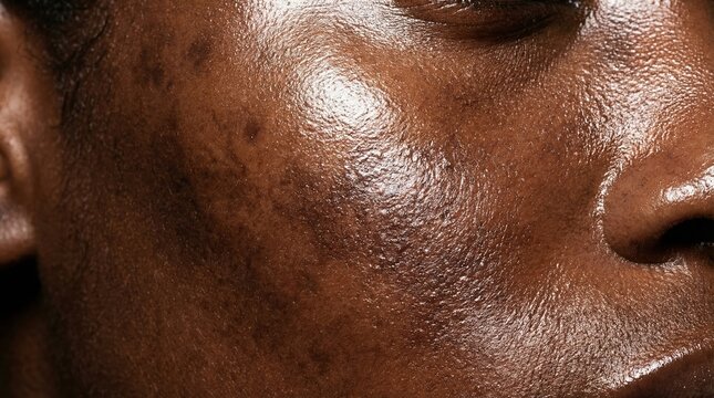 Close up view of dark skin with visible hyperpigmentation and dark spots. Represents skin health concerns and dermatological conditions. Ideal for skincare advertisements or medical articles.