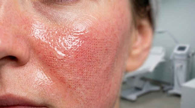 Close up red irritated skin after laser treatment. Depicts post procedure inflammation and recovery in clinical setting. Ideal for dermatology and professional beauty marketing materials.