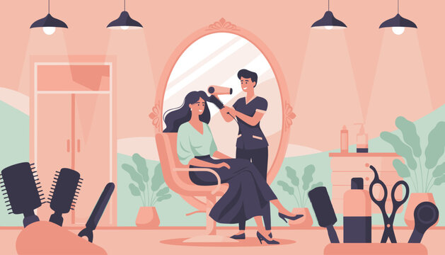A male hairstylist blow-dries a happy female client's hair in a stylish salon. A flat vector illustration for beauty, wellness, and self-care concepts.