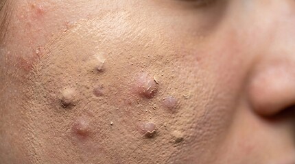 Fototapeta premium Detailed view of inflammatory acne and uneven skin texture under foundation. Illustrates sensitivity and common dermatological issues. Ideal for skincare and medical health education content.