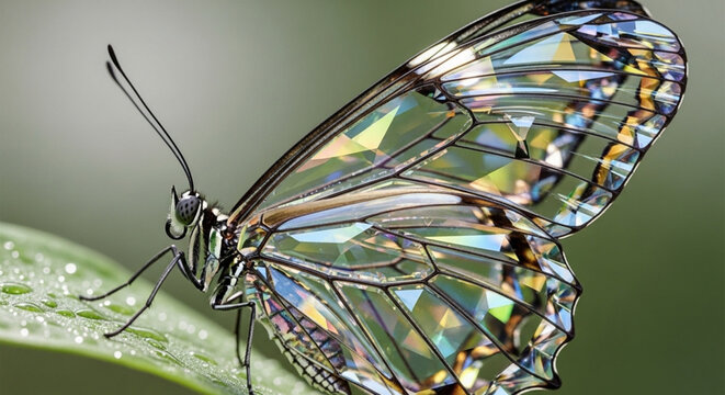 Glasswing Butterfly with Transparent Iridescent Wings Resting on Green Leaf Close-up