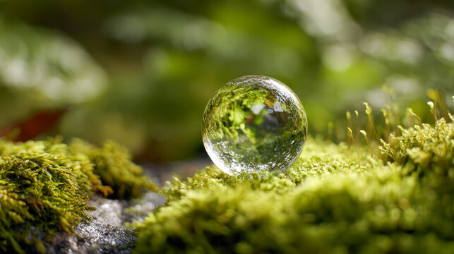 A crystal-clear glass sphere resting on vibrant green moss with sunlight softly illuminating the detailed natural textures and reflections around it in a serene fore