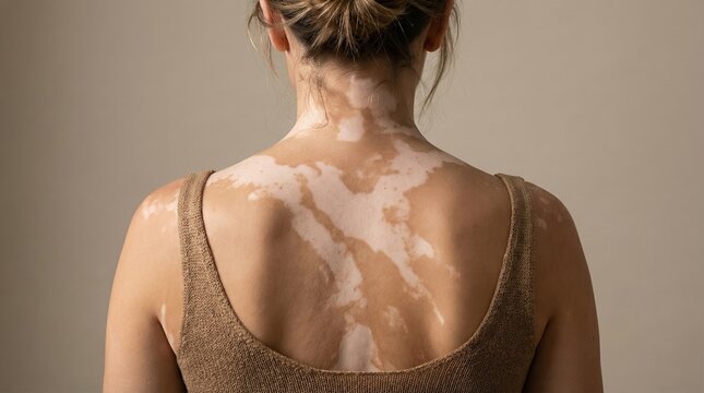 Back view of a woman with vitiligo skin condition. It promotes body positivity and awareness of dermatological diversity. Ideal for medical, beauty, and healthcare educational content.