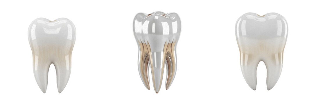 Set of Three Realistic White Human Teeth Icons Isolated on White Background. 3D Molars for Dental Health, Stomatology, Oral Hygiene, and Dentistry Design Mockups.