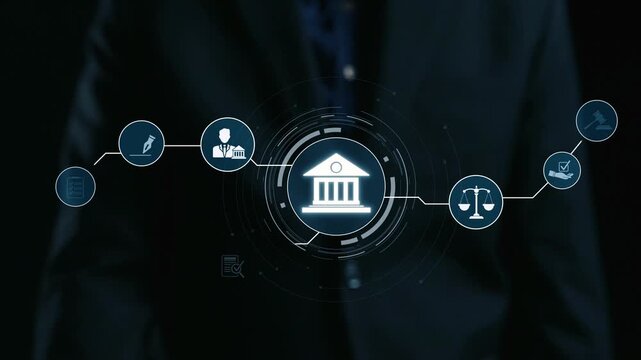 Futuristic digital law interface displaying justice scale, highlighting digital law, AI compliance, digital law systems, and digital law regulations for secure governance. Elide