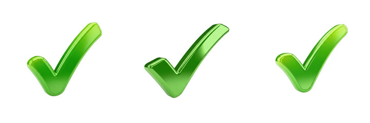 Glossy Green Check Mark Icons Isolated on White Background. Set of Three Shiny 3D Tick Symbols for Success, Approval, and Completion. Vibrant Graphic Elements for Web and Apps. © Thon GM