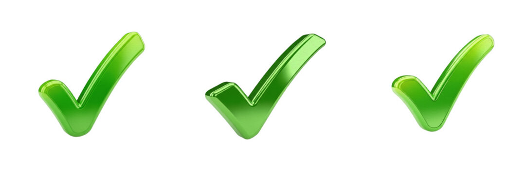Glossy Green Check Mark Icons Isolated on White Background. Set of Three Shiny 3D Tick Symbols for Success, Approval, and Completion. Vibrant Graphic Elements for Web and Apps.