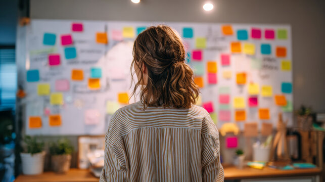 Woman in striped shirt analyzing colorful sticky notes on a whiteboard during a creative brainstorming session in a modern office environment