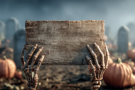 Skeletal hands holding an empty weathered wooden sign in a spooky graveyard with pumpkins and tombstones in soft foggy background atmosphere