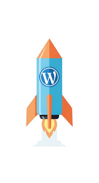 Blue cartoon rocket ship with WordPress logo and orange accents soars with bright flame in vector illustration isolated on white backdrop