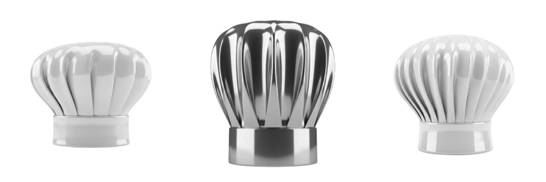 Set of Three Shiny Chrome Chef Hat Mockups Isolated on White Background, Realistic Metallic Silver Toque Icons, Glossy 3D Steel Culinary and Restaurant Elements, Professional Kitchen Design Renders