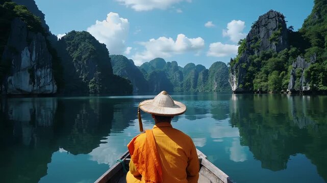Monk rows a boat in a calm lake surrounded by mountains in Vietnam on a sunny day