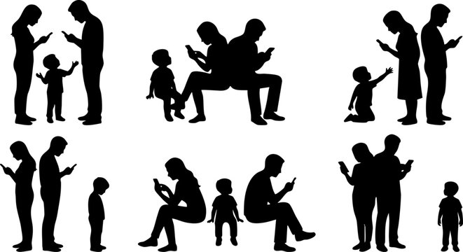 Parents ignoring child using smartphone silhouette set, family mobile addiction and lack of attention concept vector