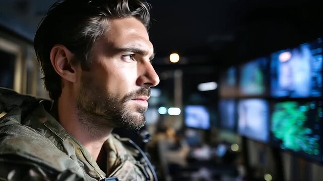 Faceless soldier in dimly lit control room, defocused multiple screens displaying maps and heat signatures, real-time tactical data, focused expression area, cinematic military