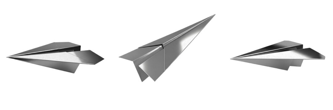 Set of Three Shiny Chrome Paper Plane Icons Isolated on White Background, Realistic Metallic Silver Origami Airplane Mockups, Glossy 3D Steel Flight and Mail Symbols, Industrial Design Renders