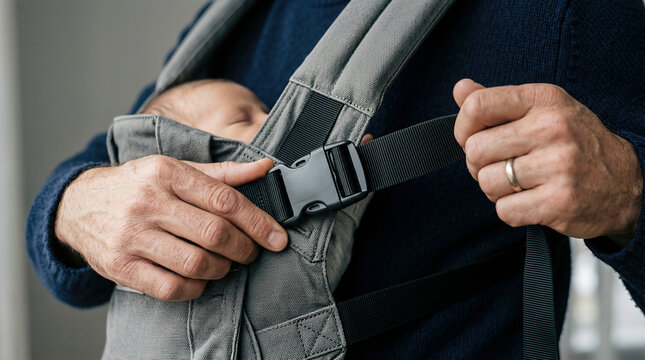 Close-up of a modern father adjusting the buckle of an ergonomic baby carrier while carrying his sleeping newborn, focusing on active caregiving and safety.