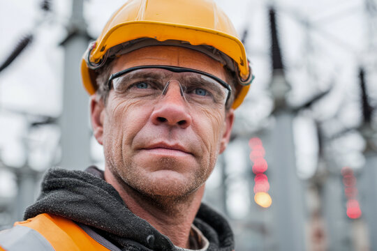 Focused construction worker wearing safety glasses and a yellow helmet at an industrial site showcasing determination and expertise in engineering and safety practic