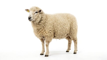 Fototapeta premium Isolated sheep stands against white background livestock animal concept