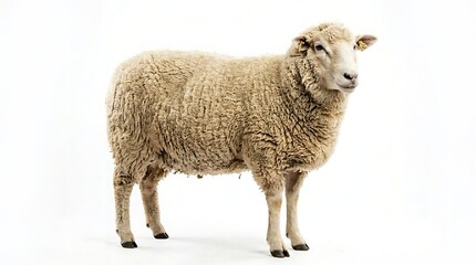 Fototapeta premium Isolated sheep stands in profile against a clean white background