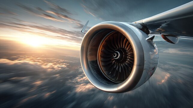 Jet engine on airplane wing showcases aviation tech, power, and modern performance.