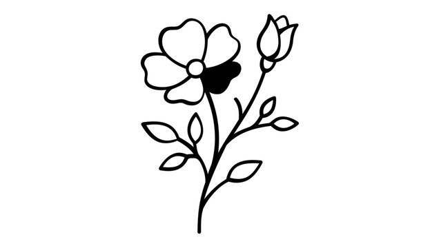 Elegant minimalist flower vector icon illustration with a blooming blossom, a small bud, and delicate leaves on a stem, ideal for gardening, nature, floral design, and botanical branding.
