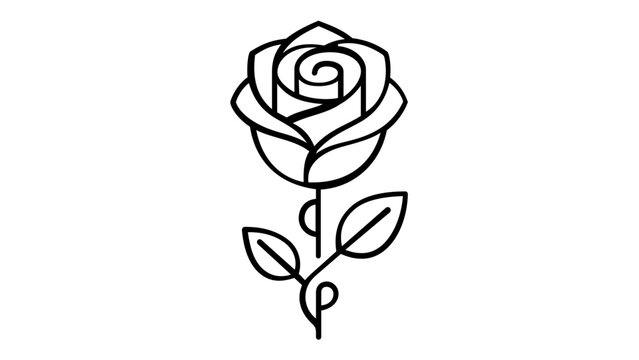 Elegant minimalist black and white line art vector icon illustration of a blooming rose flower with a stem and leaves, ideal for gardening, nature, and floral design, scalable AI-generated.