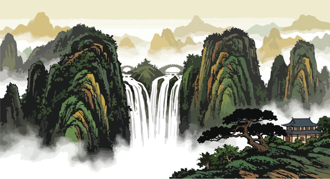 Panoramic summer landscape featuring a city view nestled among green forest trees and majestic mountain peaks under a cloudy blue sky with rocky cliffs and a winding river
