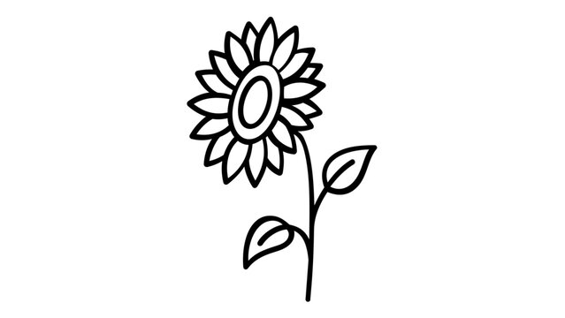 Minimalist Sunflower Line Icon Vector Illustration, Scalable Flat Graphic of a Blooming Garden Flower with Stem and Leaves, Simple Black and White Floral Design for Nature and Gardening Themes