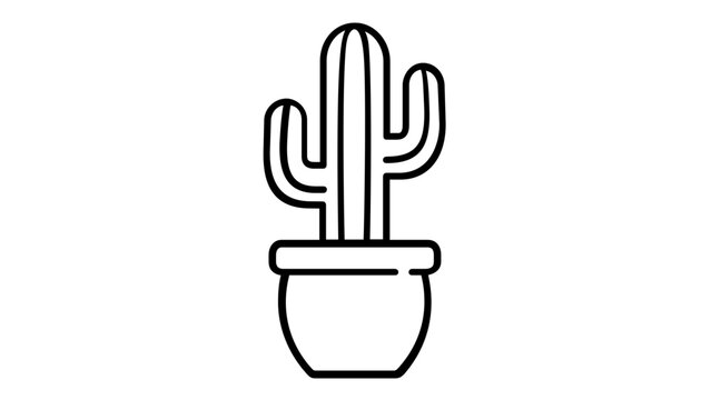 Cactus in a pot vector icon. Minimalist line art illustration of a desert succulent plant in a ceramic planter. Scalable black and white graphic for gardening, nature, and home decor designs.