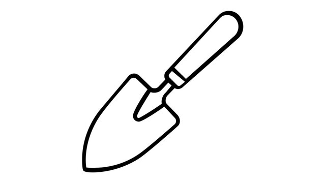 Minimalist garden trowel vector icon illustration for gardening, landscaping, and planting. Simple black line art design of a hand shovel tool for soil work, agriculture, and hobby farming.