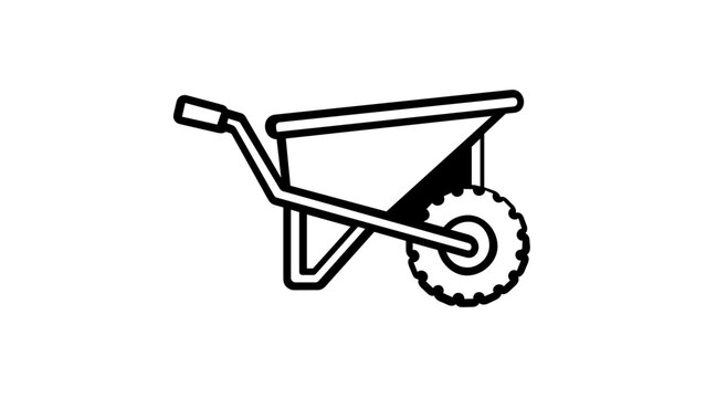 Minimalist wheelbarrow vector icon illustration for gardening, landscaping, and construction projects. Clean black line art design on white background, scalable flat graphic for modern designs.