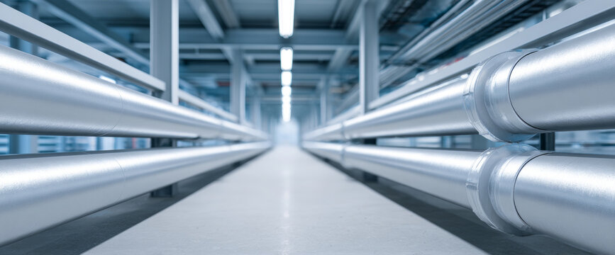 Industrial metal pipes in factory corridor