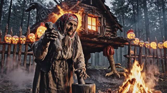 Baba Yaga witch kneeling with a mortar and pestle by a roaring fire outside her chicken-legged hut surrounded by skull lanterns and mist in an eerie forest