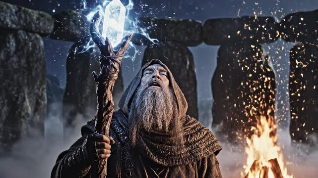 Ancient hooded wizard raises a glowing crystal staff crackling with blue lightning at a mist-shrouded megalithic stone circle beside a roaring bonfire under a starry night sky