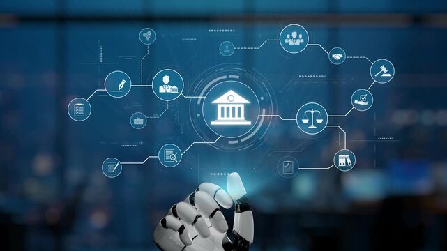 A futuristic robot hand interacts with finance and banking icons in a modern office setting, symbolizing the integration of technology and innovation in financial services. Synapse