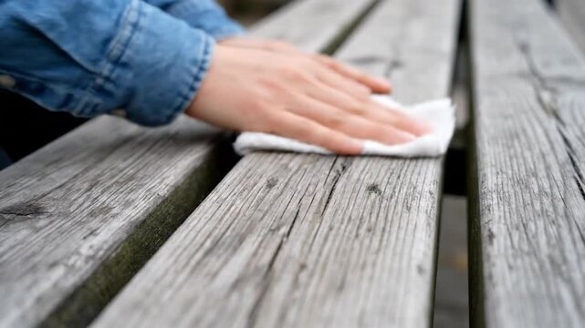 Person wiping outdoor wooden bench with white cloth