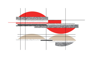 Fototapeta premium grainy broadcast interference with structured layout, black and white noise texture combined with grid lines and semicircles, bold red and beige shapes adding