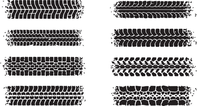 A comprehensive collection of diverse tire tracks and tire prints featuring various tread patterns for automotive design