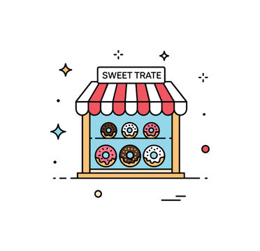Sweet treat display a tiny donut shop window with playful icing details and small decorative sparkles enhancing the cheerful mood. The scene highlights delight