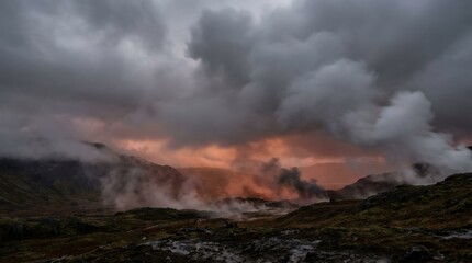 Fototapeta premium Clouds drifting through vapor as fog spreads slowly in the air, grey smoke rising with mist and steam, storm energy building beneath a faint fiery glow, photorealistic, cinematic atmospheric realism,