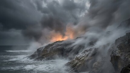 Fototapeta premium Soft layers of grey smoke mixing with mist and steam, cloud and fog textures rolling through a stormy atmosphere lit by a faint flame-like glow, photorealistic, cinematic effects photography, crisp