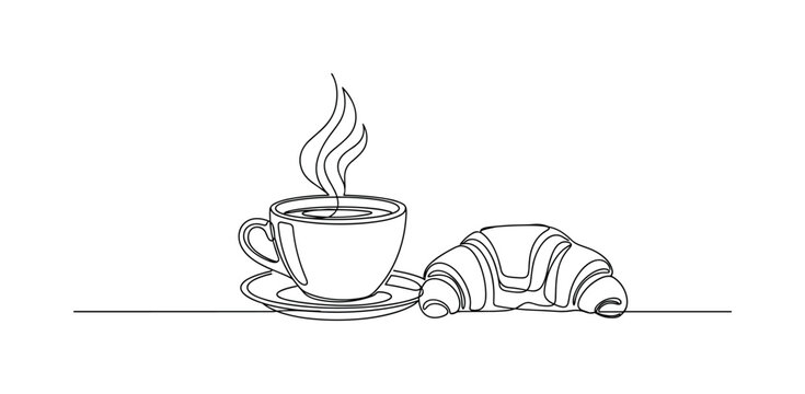 Cozy Cafe. Minimalistic one-line drawing a coffee cup with rising steam and a flaky croissant, continuous single black line on white background, simple outline